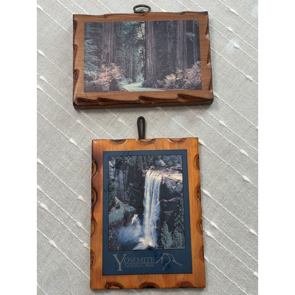 Vintage Yosemite & Handcrafted Redwood Wooden Wall Art Lot Of 2 Forest Trees